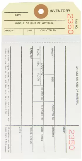 Aviditi 841436084062 Inventory Tags With Printed Carbonless Top Sheet And Stub 8 6 1/4 Inch X