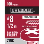 200-PC Everbilt 8 X 1/2" Zinc Plated Phillips Pan Head Sheet Metal Screw 100-PCS. Fixed Price $22.94.